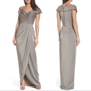 La Femme Ruched Jersey Column Gown in Pewter